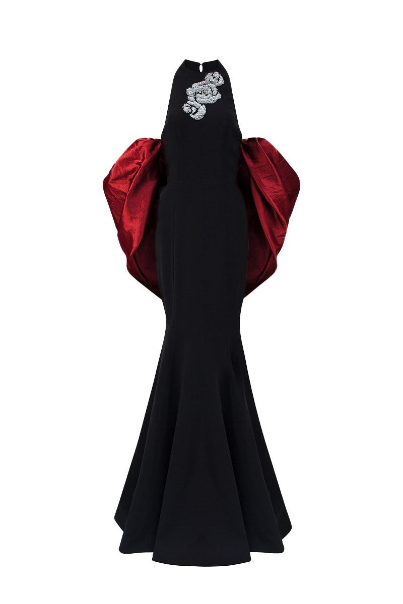 Jessica I.H.F black and burgundy draped train mermaid gown with round neck and elegant back train in black crepe and dark red taffeta
