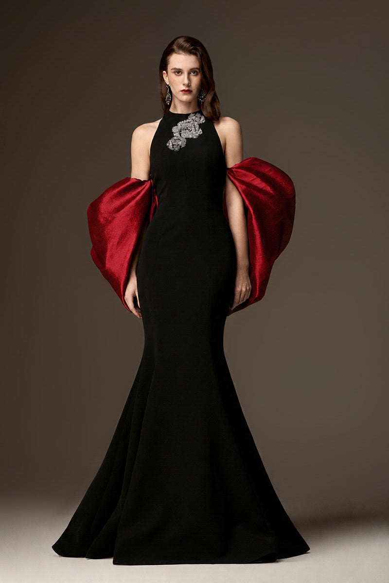 Jessica black and burgundy mermaid gown with draped back train, black crepe fabric, and dark red taffeta for elegant formal wear.