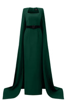 I.H.F mica crepe cape gown displayed on a mannequin, featuring elegant fabric and flowing design for formal occasions.