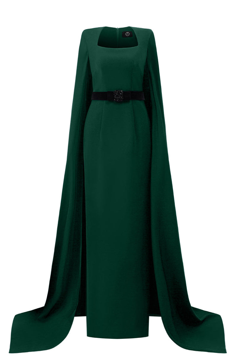I.H.F mica crepe cape gown displayed on a mannequin, featuring elegant fabric and flowing design for formal occasions.
