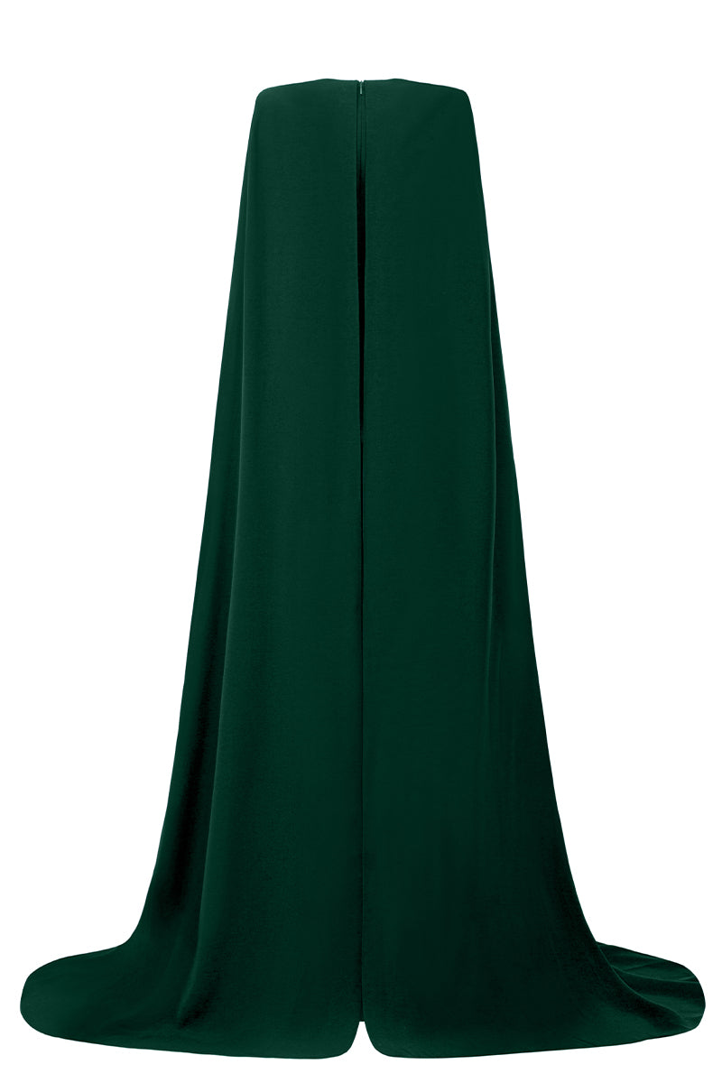 I.H.F mica crepe cape gown displayed on a mannequin, featuring elegant draping and detailed design for formal occasions.