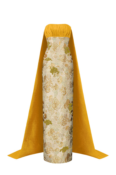yellow silk floral dress Yellow Silk Satin Maxi Dress: Floral Print Off-shoulder Gown