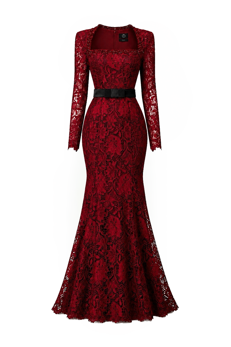 I.H.F burgundy lace mermaid gown with a waist belt, featuring a trapeze neckline and floral lace details, perfect for elegant occasions.