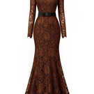 I.H.F brown lace mermaid gown with belt, featuring a trapeze neckline and floral lace details in cocoa brown.