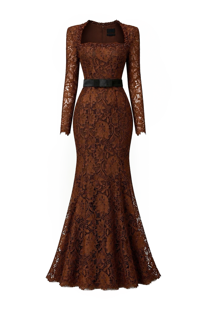 I.H.F brown lace mermaid gown with belt, featuring a trapeze neckline and floral lace details in cocoa brown.