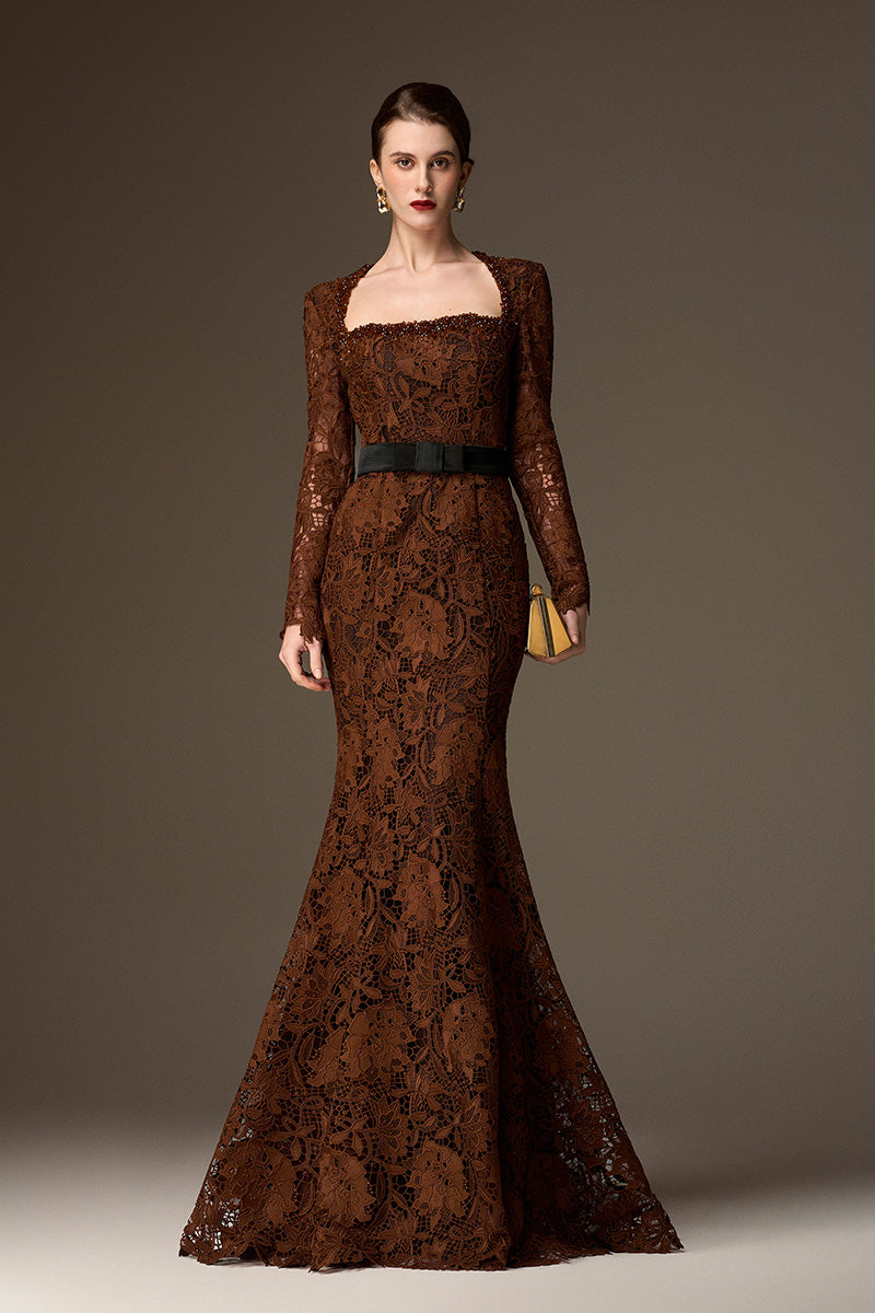 I.H.F brown lace mermaid gown with a belt, featuring a trapeze neck and floral lace details in cocoa brown.