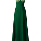 Elegant green crepe de chine silk-lined gown by I.H.F, featuring flowing fabric and sophisticated design.