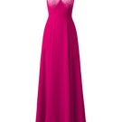 Pink crepe de chine A-line gown by I.H.F, featuring a flowing silhouette and elegant design, displayed on a dress form.