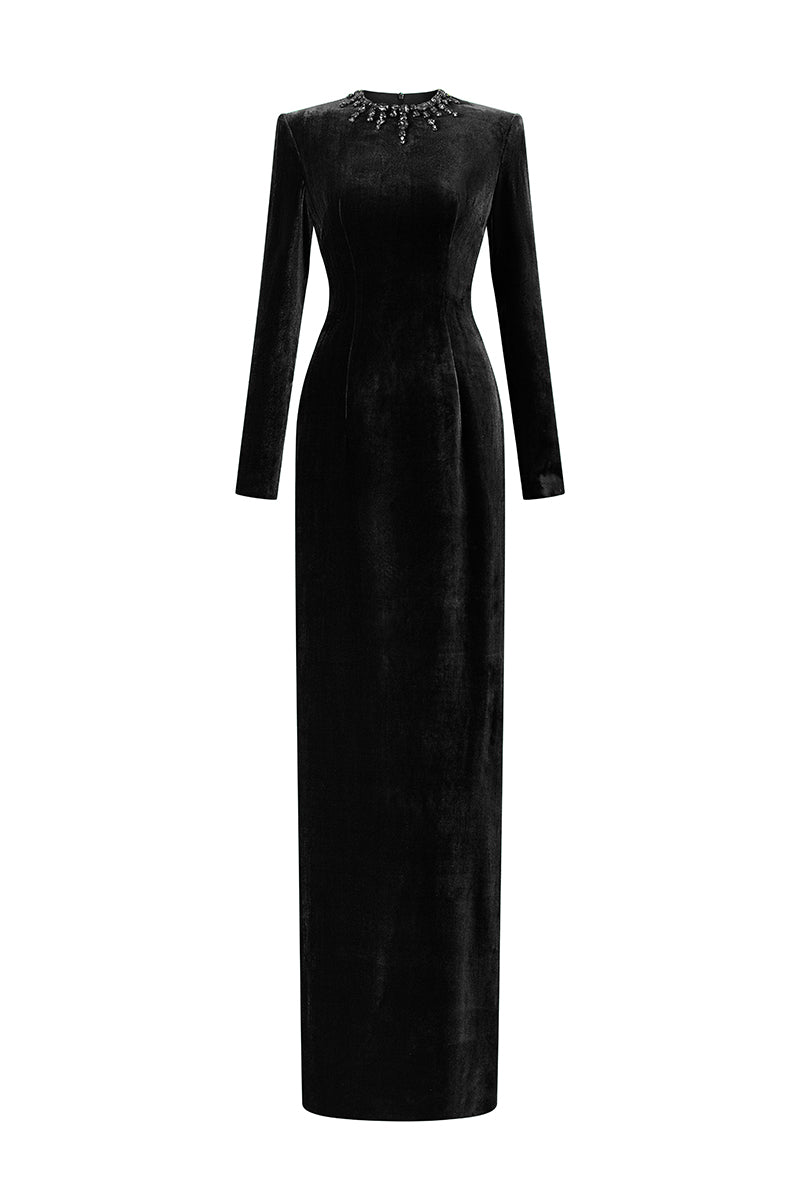 فستان فيفيان فيلفيت بأكمام طويلة باللون الأسود