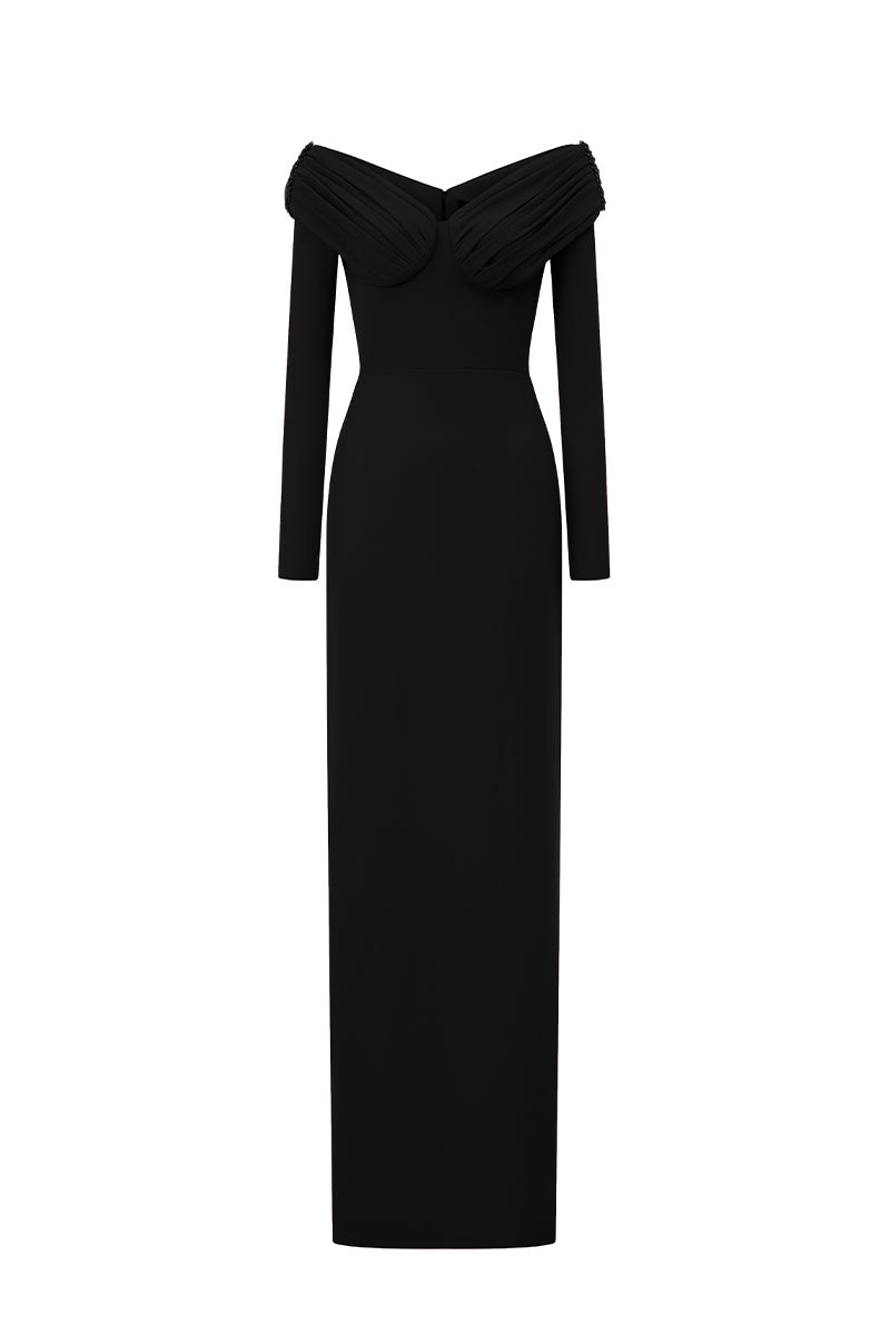 CREPE DE CHINE V-NECK MAXI DRESS IN BLACK