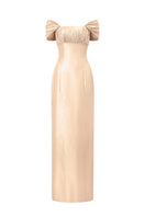 Cream-colored Taffeta silk lined gown by I.H.F, featuring elegant fabric and tailored design for formal occasions.