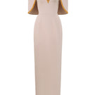 Ivory midi V-neck column gown with attached cape detail by I.H.F, elegant formal dress for special occasions.
