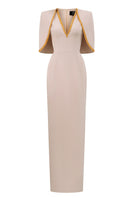 Ivory midi V-neck column gown with attached cape detail by I.H.F, elegant formal dress for special occasions.