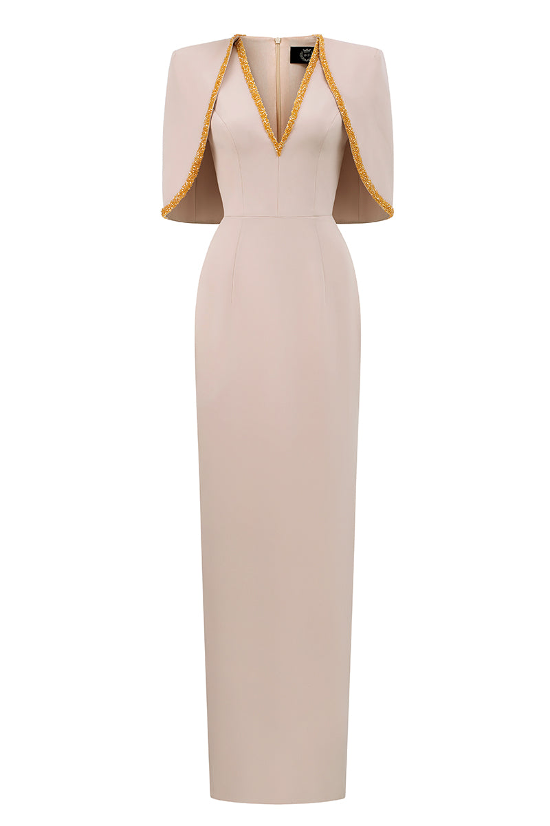Ivory midi V-neck column gown with attached cape detail by I.H.F, elegant formal dress for special occasions.