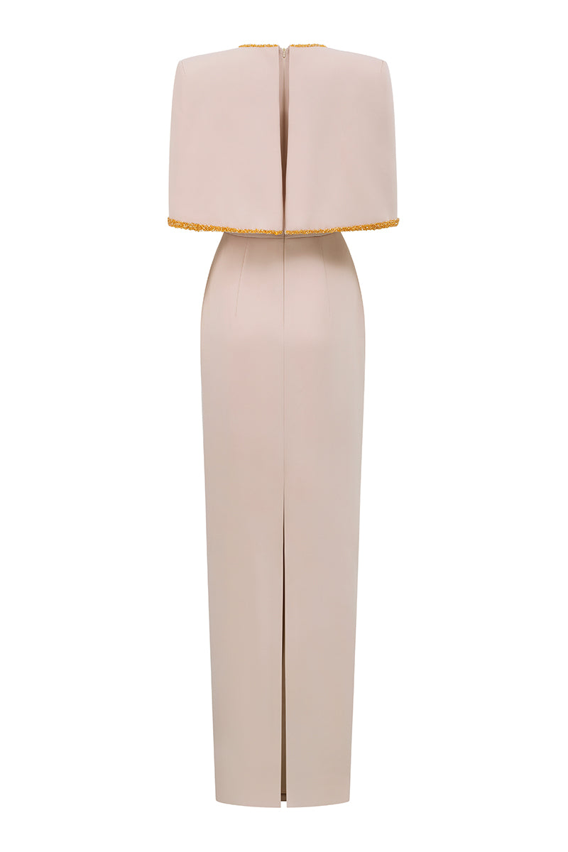 Ivory midi V-neck column gown by I.H.F with attached cape detail, elegant formal dress with flowing silhouette.