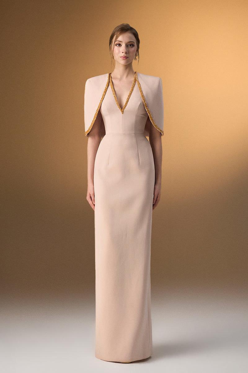 Ivory midi V-neck gown with attached cape detail by I.H.F, featuring a sleek column silhouette and elegant design.