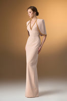 Ivory I.H.F midi V-neck gown with attached cape detail, elegant column silhouette, perfect for formal occasions.