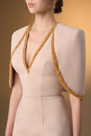 Ivory I.H.F midi V-neck gown with attached cape detail, elegant column silhouette and sophisticated style.