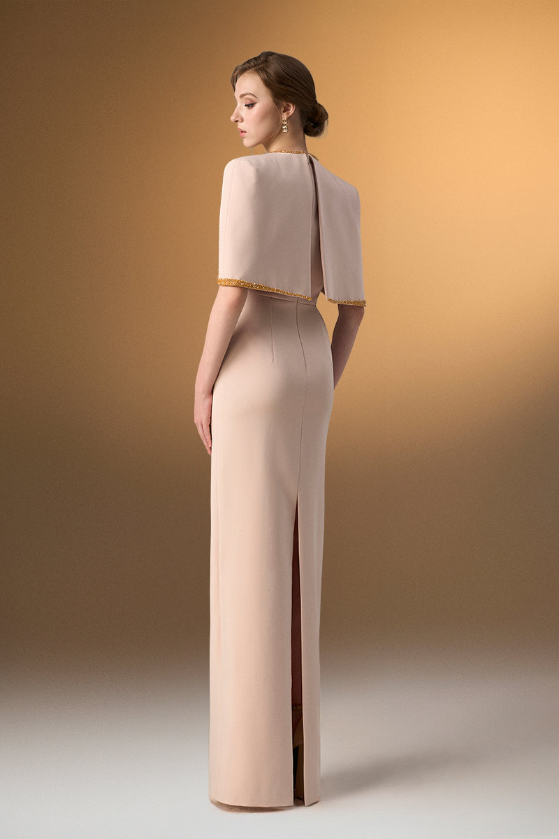 Ivory midi V-neck column gown with attached cape detail by I.H.F, elegant evening dress with flowing silhouette.