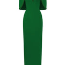 Green I.H.F midi V-neck column gown with attached cape detail, elegant and flowy formal dress for special occasions.