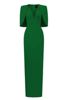 Green I.H.F midi V-neck column gown with attached cape detail, elegant and flowy formal dress for special occasions.