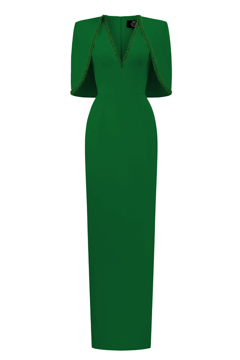 Green I.H.F midi V-neck column gown with attached cape detail, elegant and flowy formal dress for special occasions.