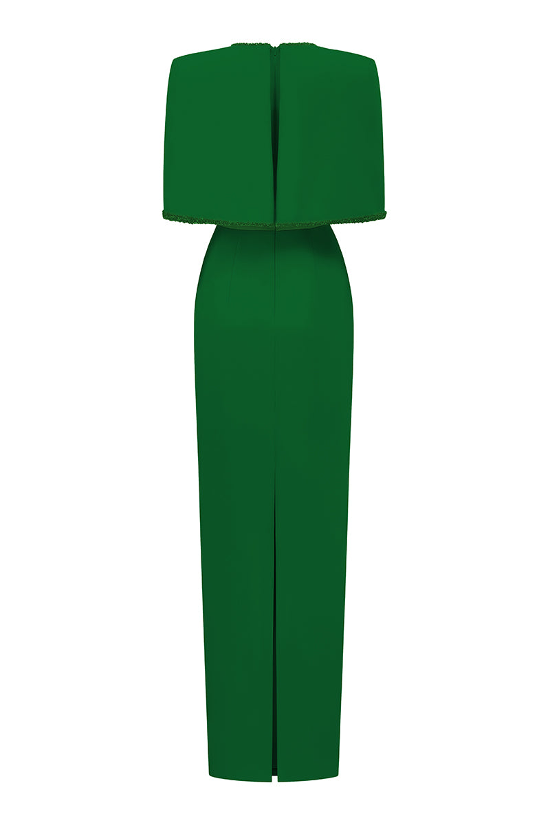 Green I.H.F midi V-neck column gown with attached cape detail, elegant formal dress featuring a sleek silhouette and sophisticated design.