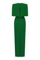 Green I.H.F midi V-neck column gown with attached cape detail, elegant formal dress featuring a sleek silhouette and sophisticated design.