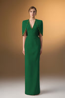 Green I.H.F midi v-neck gown with attached cape detail, elegant column dress for formal occasions.