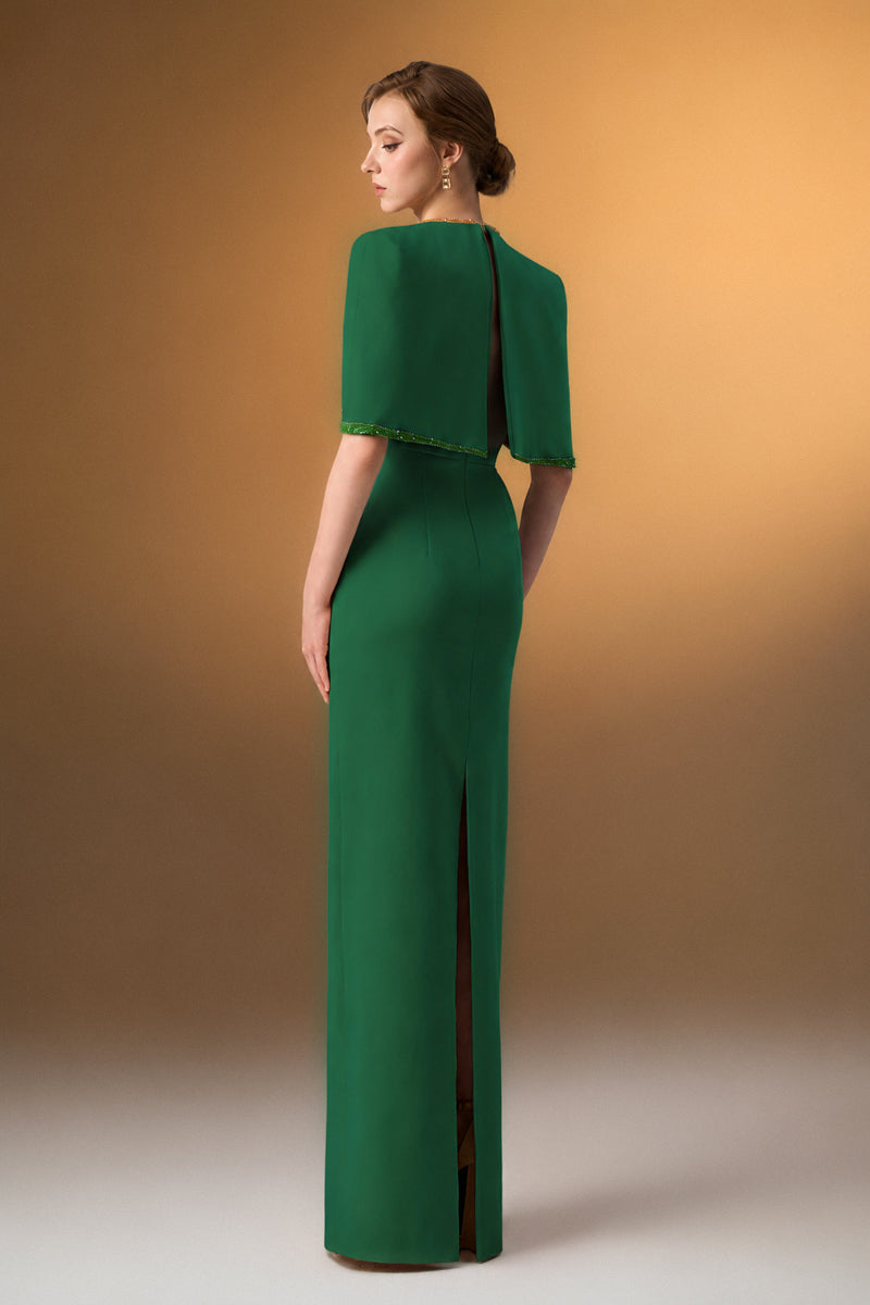 Green I.H.F midi V-neck gown with attached cape detail, elegant column dress for formal occasions.