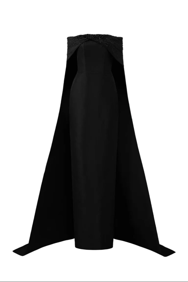 Black strapless taffeta silk-lined gown by I.H.F, featuring elegant design and smooth fabric details.