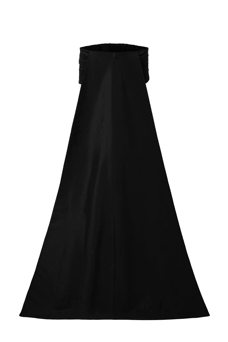 Black strapless taffeta silk-lined gown by I.H.F, elegant formal dress with a smooth, flowing design and fitted bodice.