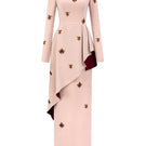 Beige crepe trapeze-neck tie dress with diagonal hip drape, stylish gown by I.H.F, shown on a model.