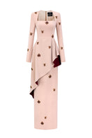 Beige crepe trapeze-neck tie dress with diagonal hip drape, stylish gown by I.H.F, shown on a model.