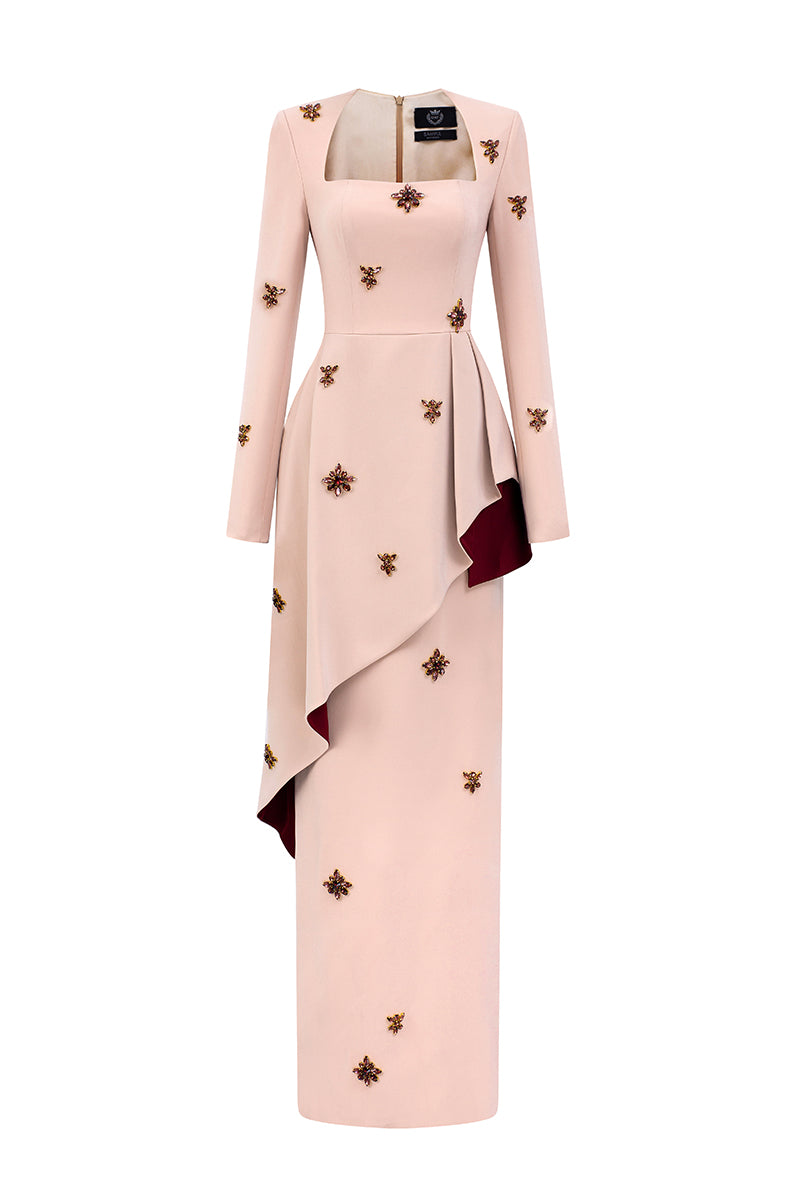 Beige crepe trapeze-neck tie dress with diagonal hip drape, stylish gown by I.H.F, shown on a model.