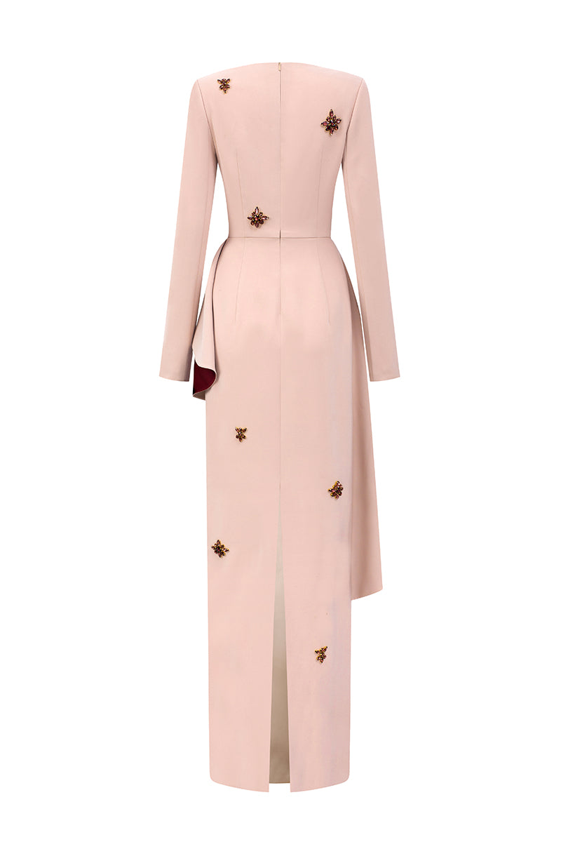 Beige crepe trapeze-neck tie dress with diagonal hip drape by I.H.F, shown on a hanger with flowing fabric and elegant design.