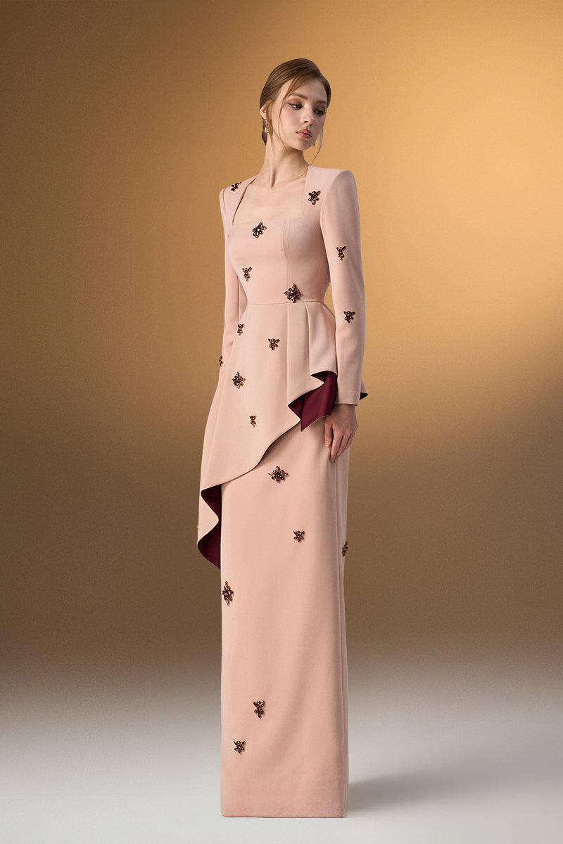 Beige crepe trapeze-neck tie dress with diagonal hip drape, stylish gown by I.H.F, showcased on a model.