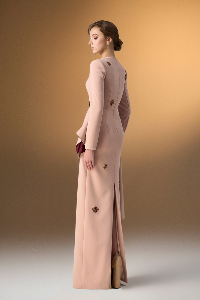 Beige crepe trapeze-neck tie dress with diagonal hip drape, stylish gown from I.H.F, shown on a model.
