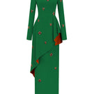 Green crepe trapeze-neck tie dress with diagonal hip drape, stylish gown by I.H.F, shown on a model.