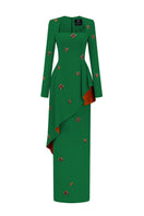 Green crepe trapeze-neck tie dress with diagonal hip drape, stylish gown by I.H.F, shown on a model.