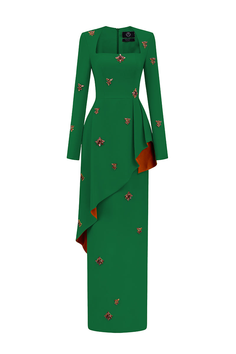 Green crepe trapeze-neck tie dress with diagonal hip drape, stylish gown by I.H.F, shown on a model.