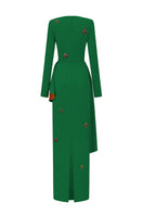 Green crepe trapeze-neck tie dress with diagonal hip drape, stylish gown by I.H.F featuring elegant design details.