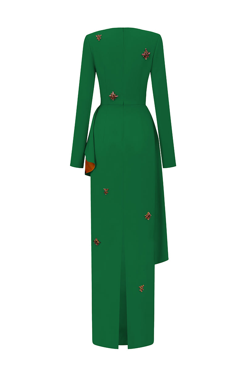 Green crepe trapeze-neck tie dress with diagonal hip drape, stylish gown by I.H.F featuring elegant design details.