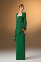 Green crepe trapeze-neck tie dress with diagonal hip drape by I.H.F, stylish gown featuring a flowing silhouette and elegant design.