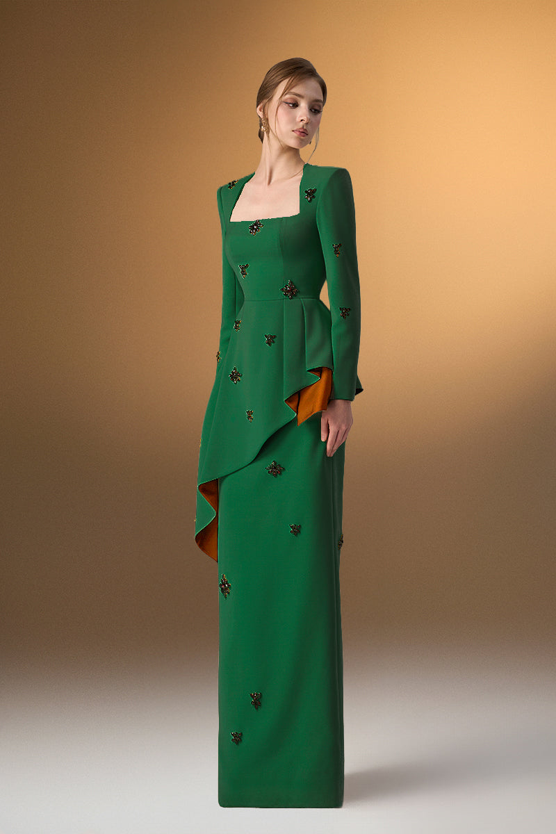 Green crepe trapeze-neck tie dress with diagonal hip drape by I.H.F, stylish gown featuring a flowing silhouette and elegant design.