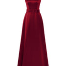 Red Holly shimmer satin silk-lined gown by I.H.F, featuring elegant draping and a luxurious silky finish.