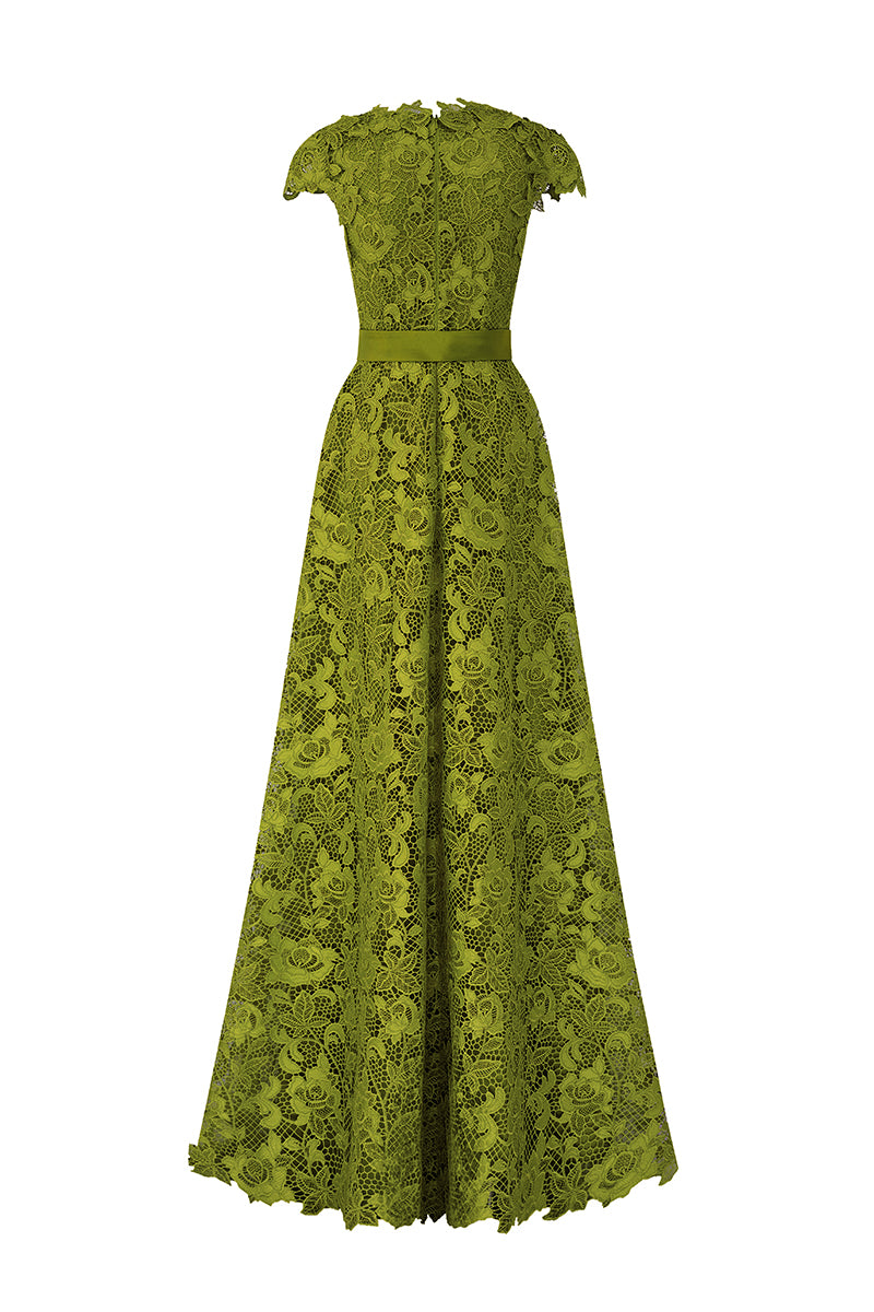 Green lace V-neck A-line gown by I.H.F from the CULT MIA X I.H.F collection, featuring intricate lace details and a flowing silhouette.