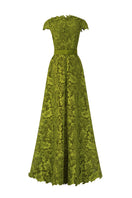 Green lace V-neck A-line gown by I.H.F, featuring a flowing silhouette and intricate lace details.