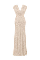 Beige metallic striped chiffon gown by I.H.F featuring elegant flowing fabric and intricate design details.