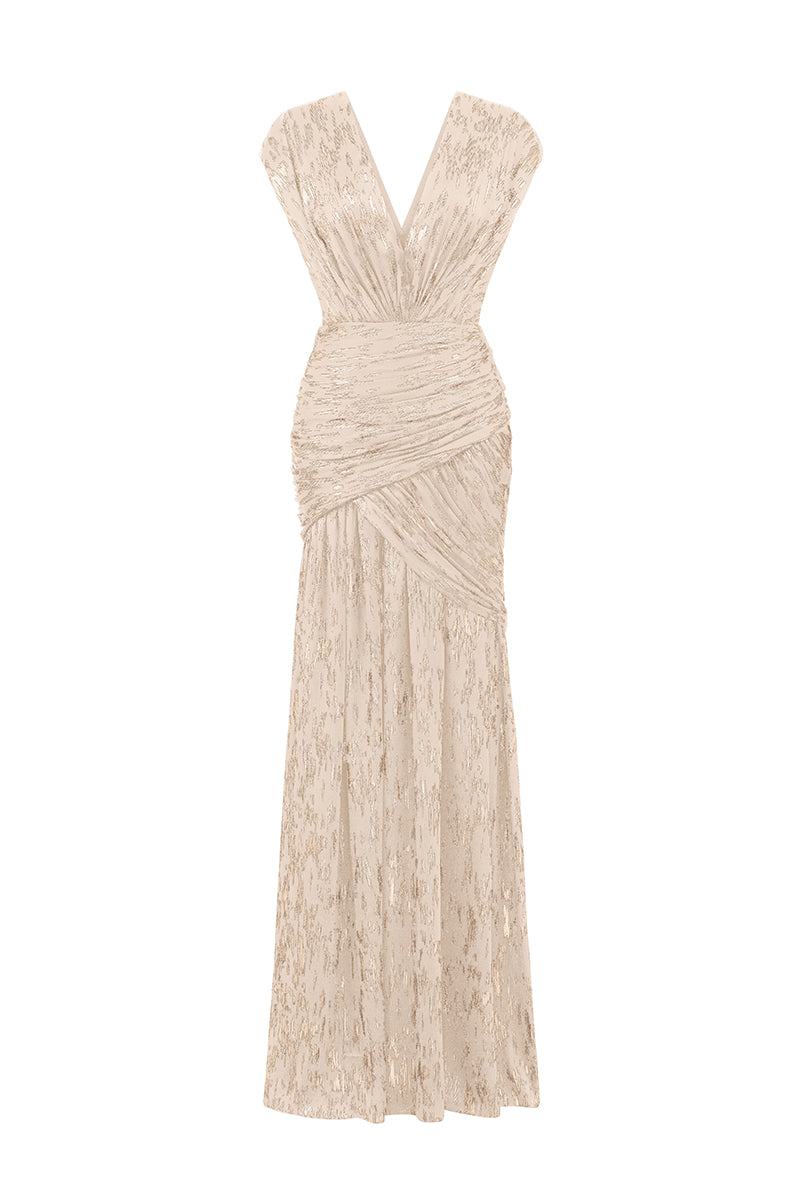 Beige metallic striped chiffon gown by I.H.F featuring elegant flowing fabric and intricate design details.